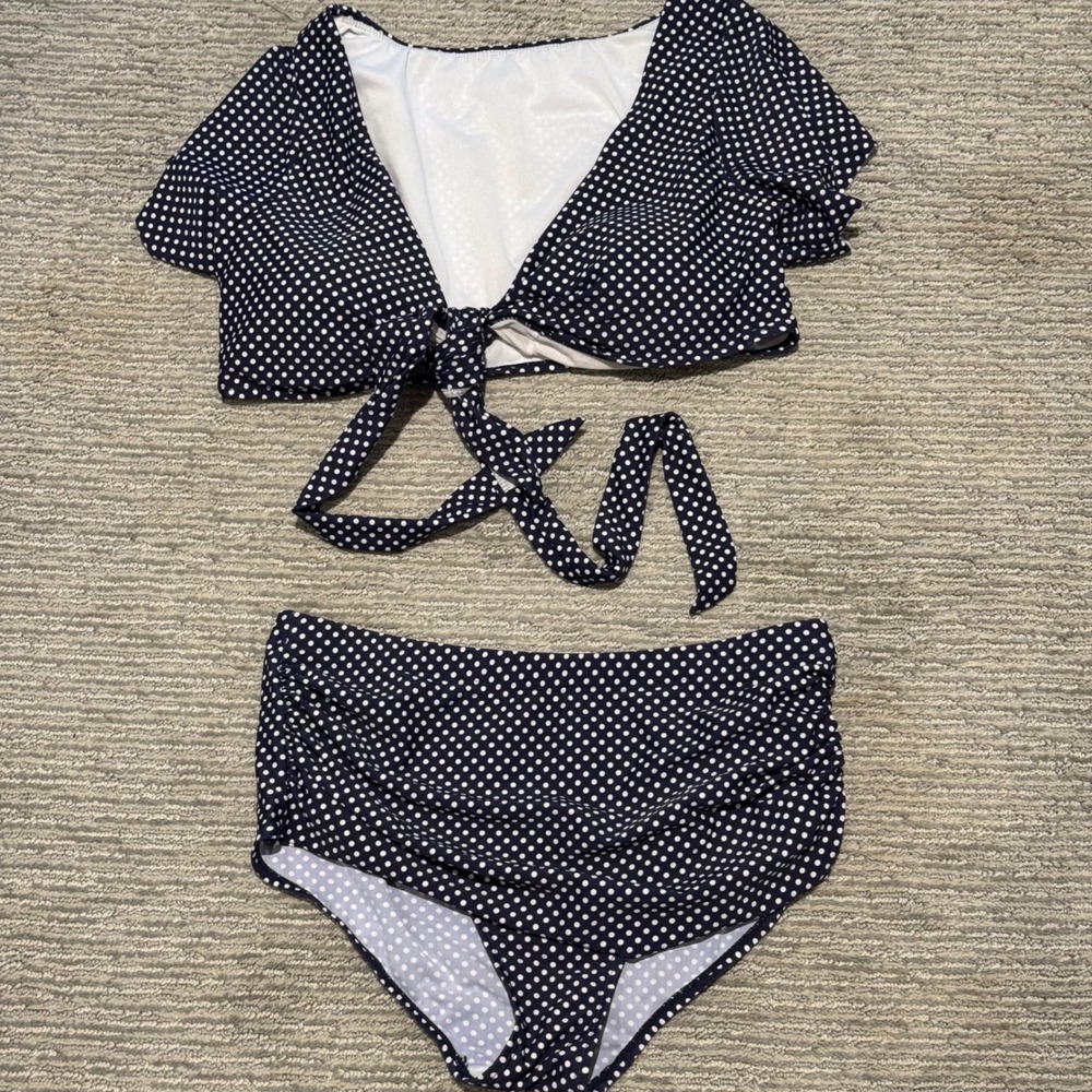 Meet Curve Polka Dot Tie Front Bikini Set Navy Blue High Waist Two Piece Large